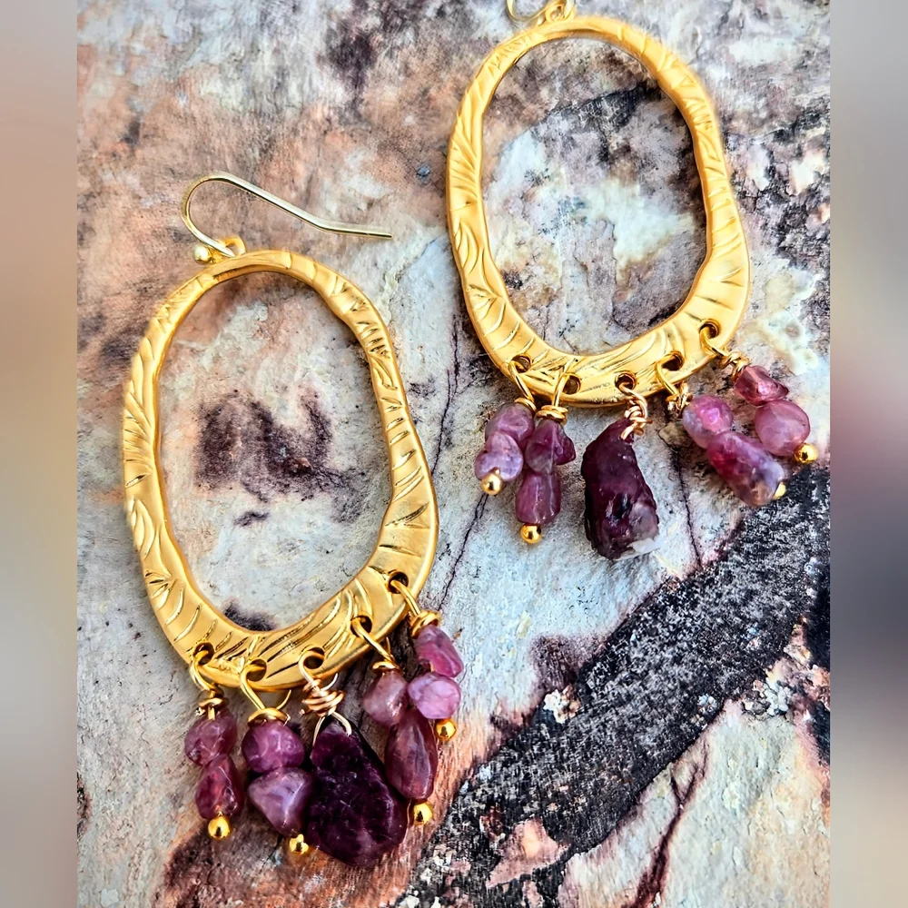 Etruscan-inspired Natural Raw Tourmaline In Hammered Gold Plated Large Earrings